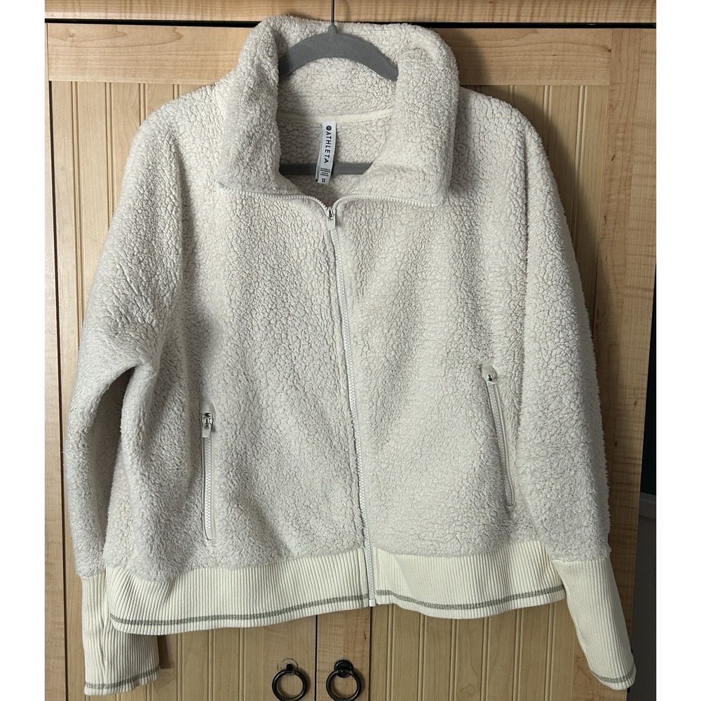 Athleta Tugga Jacket Womens M Sherpa Teddy Fleece Full Zip Cozy Ivory 1X